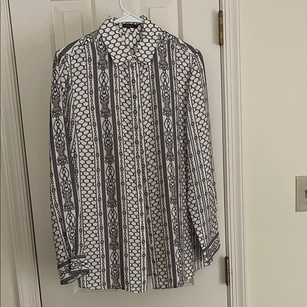 J. McLaughlin Navy/Bronze/Black on White Geometric Button Down Shirt